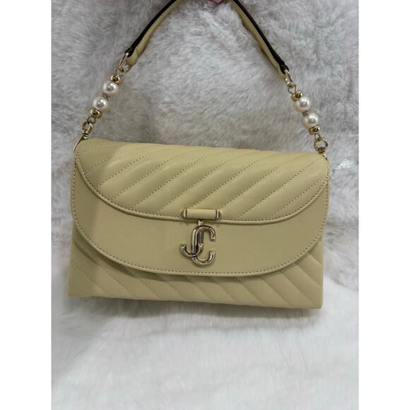 Jimmy Choo AWN Curve Top Handle Bag in Buttermilk / Shiny Gold with Pearl Detail - Picture 1 of 10
